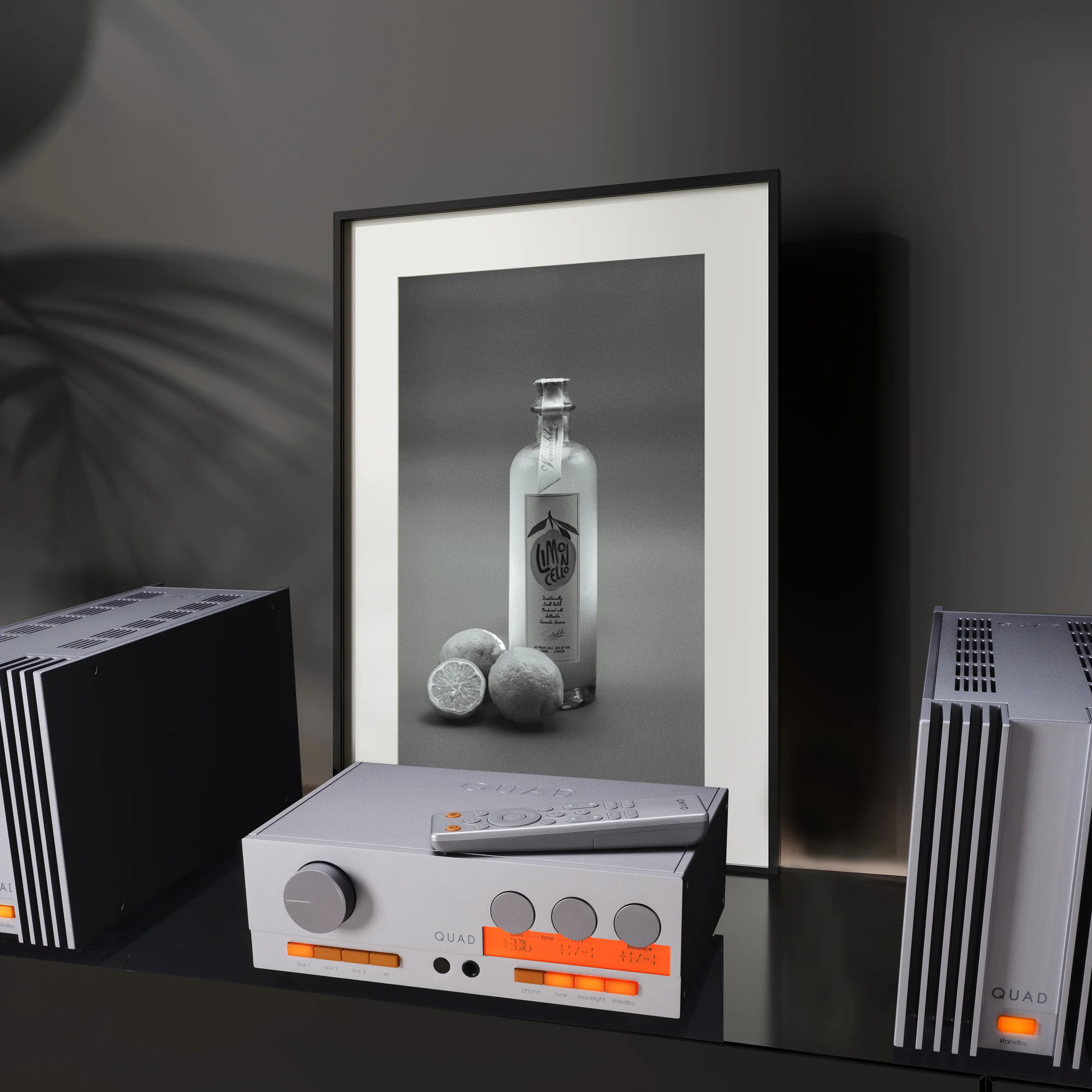 Quad lifestyle image of the 33 and 303 amplifiers. Photo with picture frame.