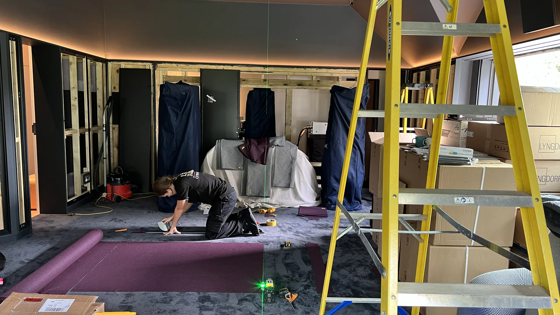 Time for dressing the timber stud-work with the stretched wall fabrics