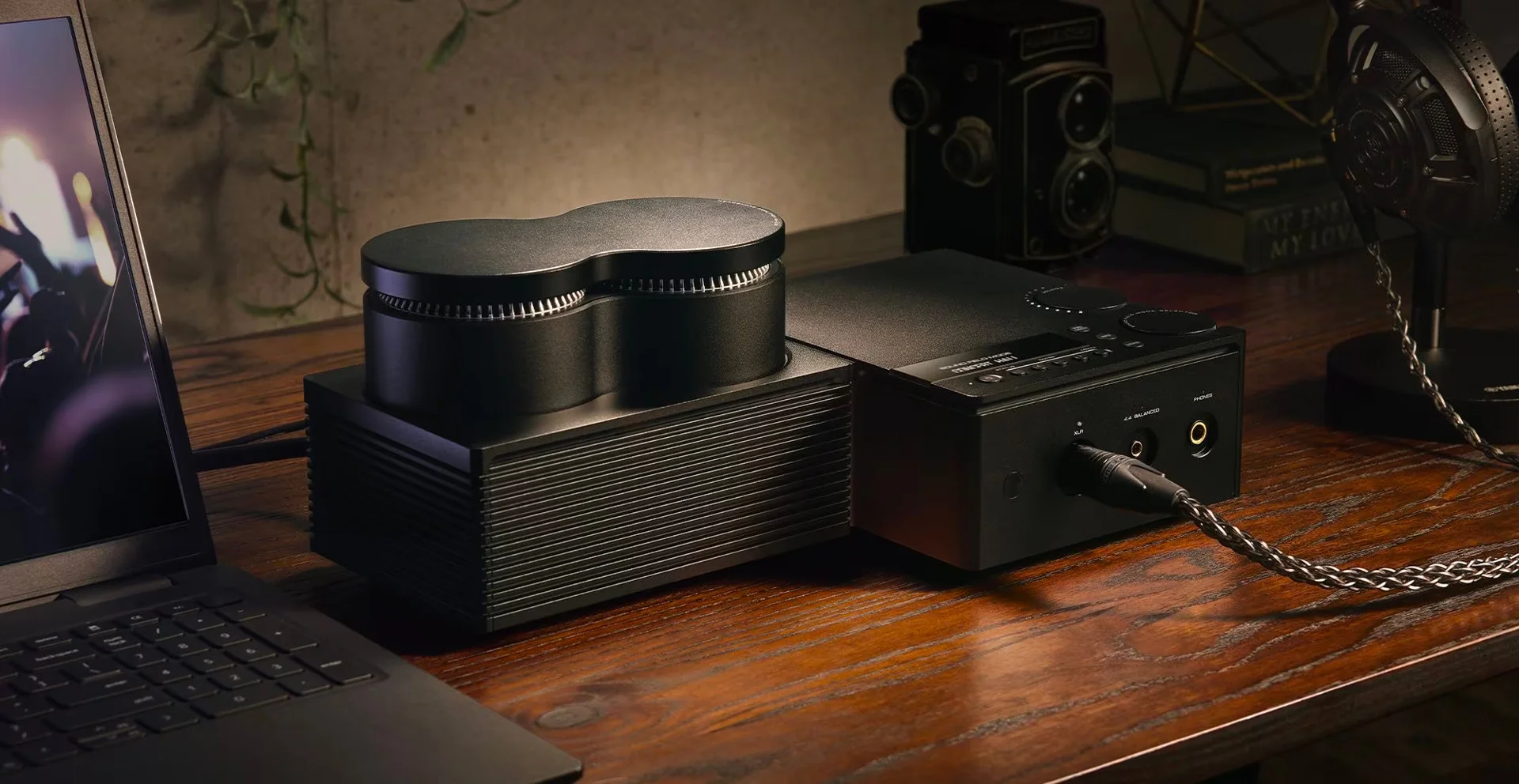 Yamaha HA-L7A Headphone Amplifier on desktop with laptop computer